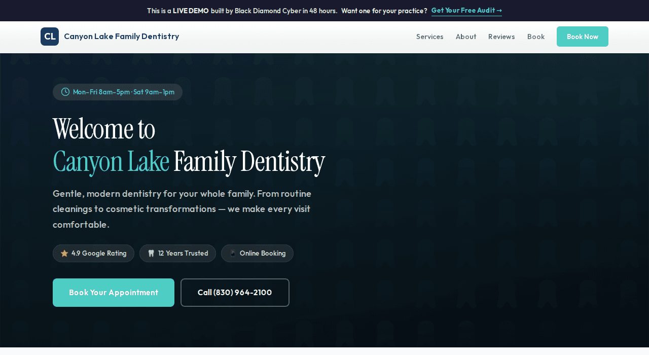 Canyon Lake Family Dentistry homepage, a dental practice demo website scoring 97 on PageSpeed