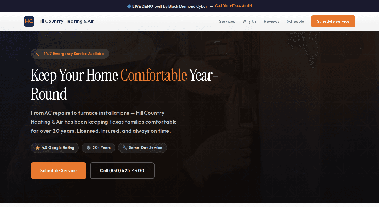 Hill Country Heating & Air homepage, a hvac company demo website scoring 96 on PageSpeed
