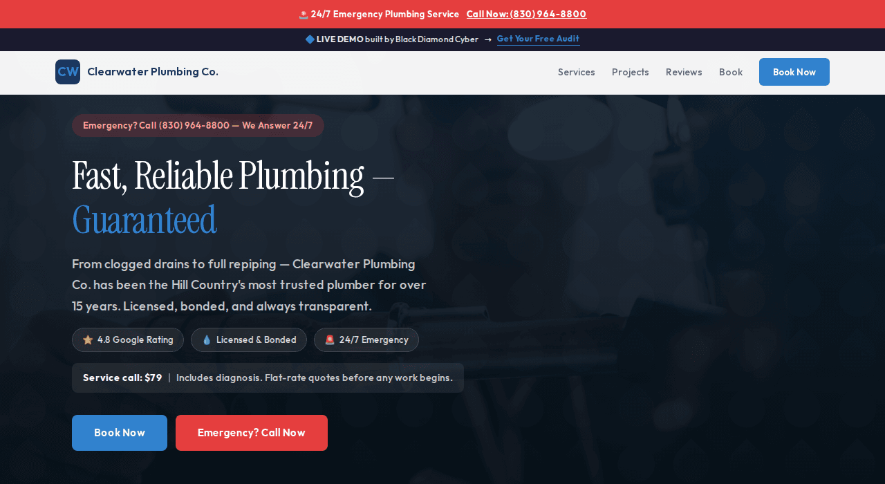 Clearwater Plumbing Co. homepage, a plumbing service demo website scoring 97 on PageSpeed