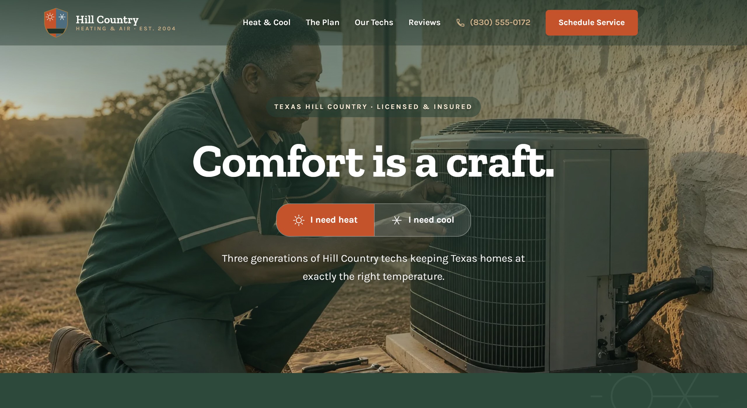 Hill Country Heating & Air homepage, a hvac company demo website